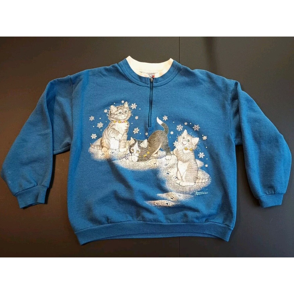 Vintage Morning Sun 90s Kitties Cats High Neck Sweatshirt Snowflakes Winter